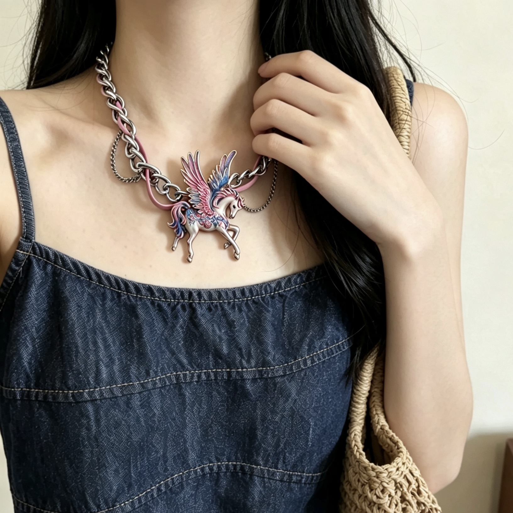 Y2K Yabi Clavicle Chain Exquisite Choker Colorful Pegasus Dopamine Design Neck Chain Choker Exaggerated Necklace