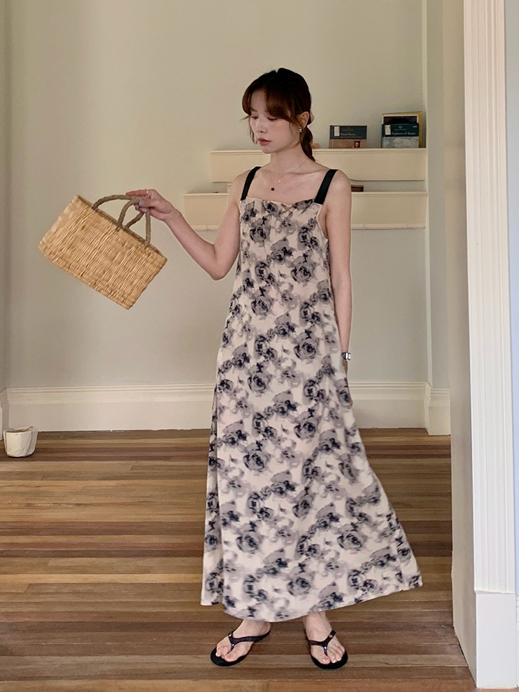 25 Summer New Style One-character Collar Silk Satin Wide Shoulder Strap Long Dress Elegant All-match Wood-ear Printed dress