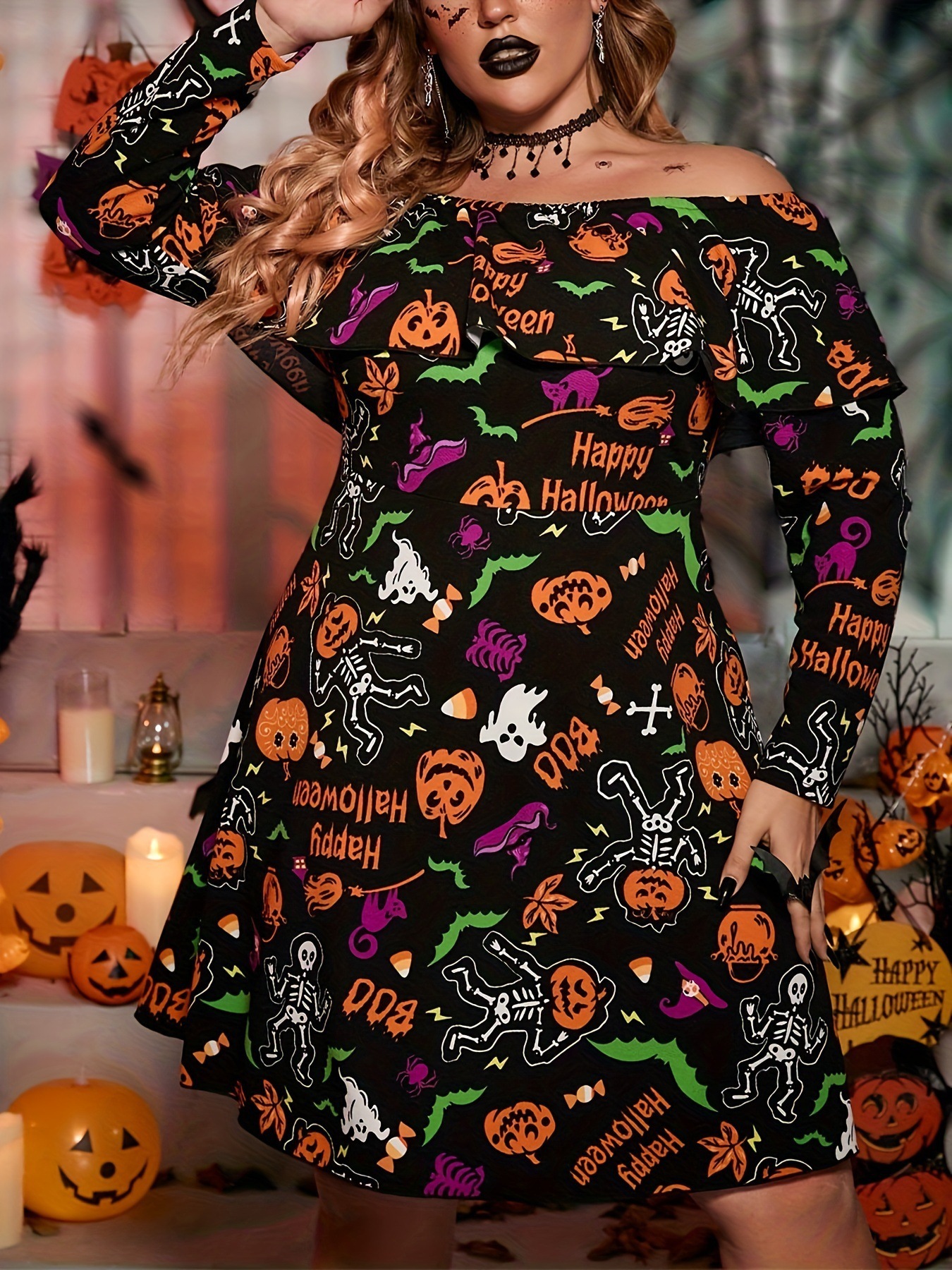 Cross-border Fast-selling Autumn New Halloween Diablo Women's Clothing off-shoulder Ruffled Printed Long-sleeved dress