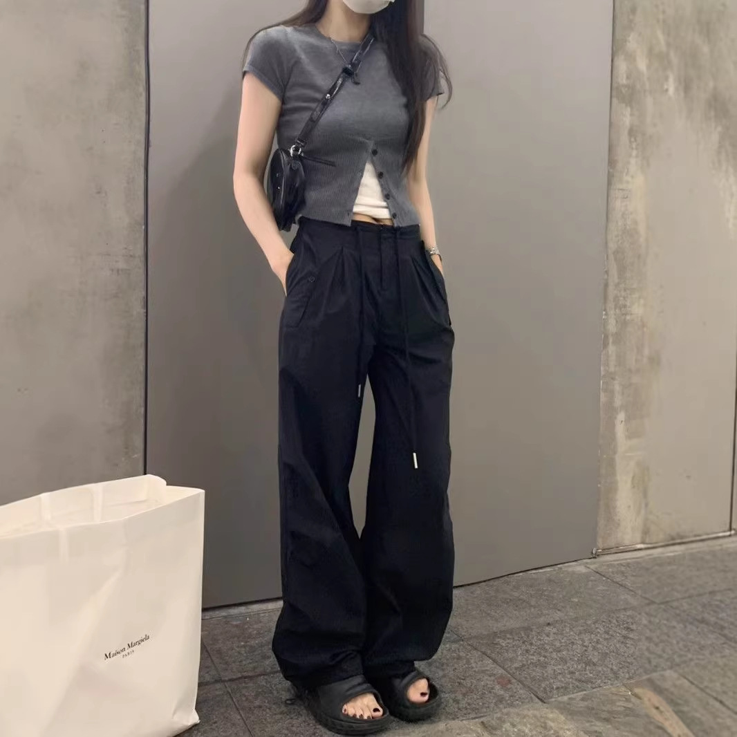 Summer 2026 New Black Parachute-Style American Work Pants for Women, Versatile Thin Drawstring Convertible Straight-Leg Pants for Women