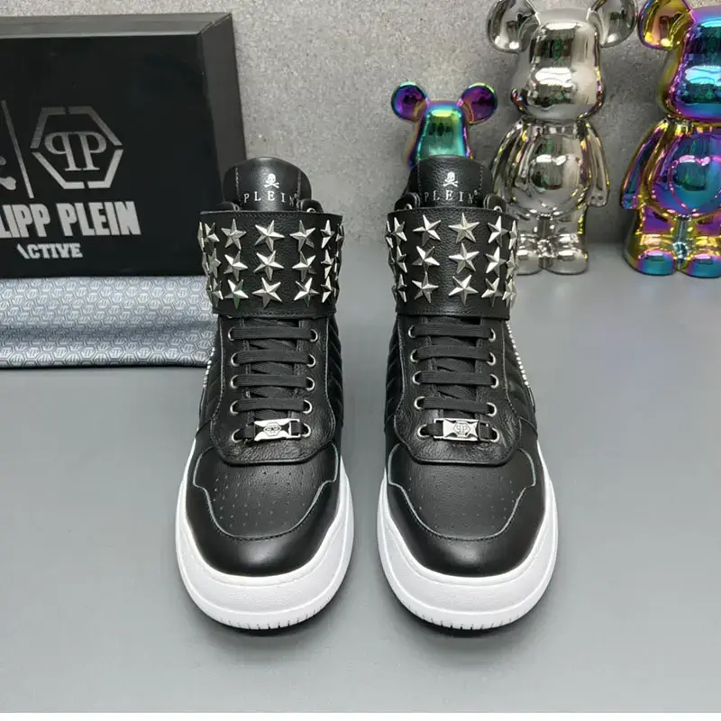 Philipp Plein Men's Black Leather Star High-Top Sneakers