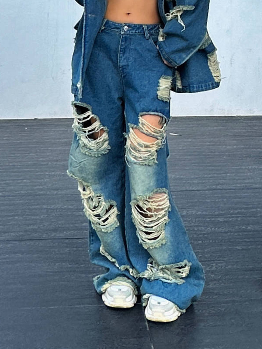Trendy and Stylish Jeans 2026 Spring New Versatile Ripped Design Distressed Straight Long Wide-Leg Pants for Women