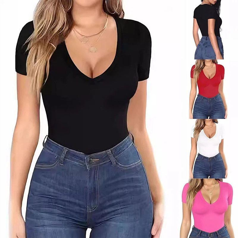 Cross-Border Foreign Trade Hot-Selling Y2K European and American Style Spicy Girl Solid Color Basic Top Deep V-Neck Slim Short-Sleeve Pure Desire T-Shirt for Women