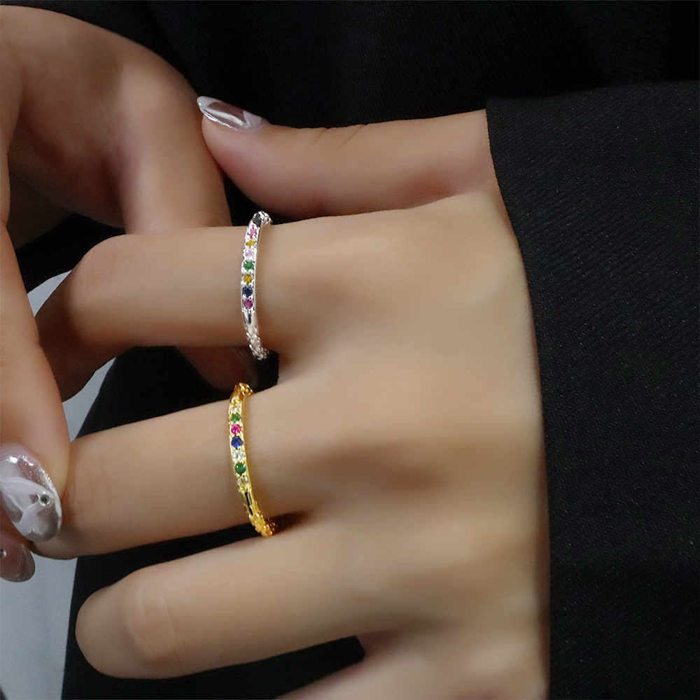 Fine Diamond Rainbow Ring Women's Dopamine Fin Diamond Open Finger Ring Trend Irregular Lava Sugar Paper Zircon Ring