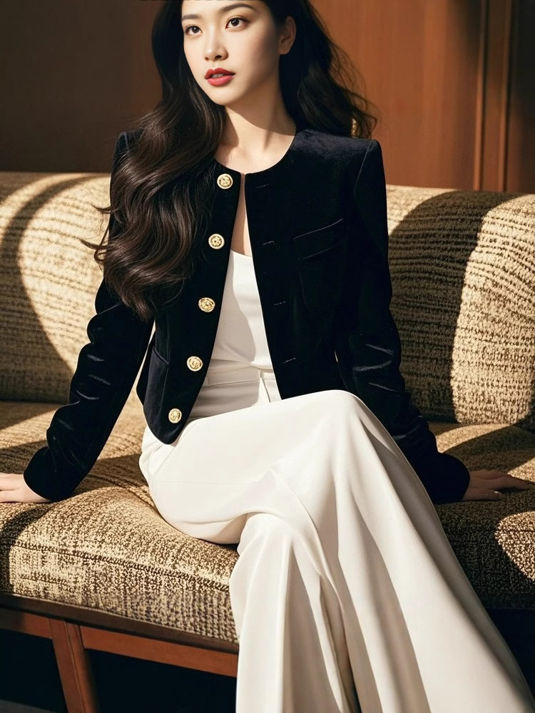 French High-grade Black Chanel Velvet Short Coat Women's Autumn and Winter New Western-style Tight Waist Top