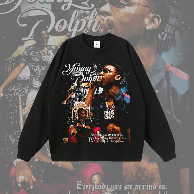 American hiphop high street rap printing heavy distressed washed long-sleeved T-shirt men's and women's fashion brand short-sleeved base tee