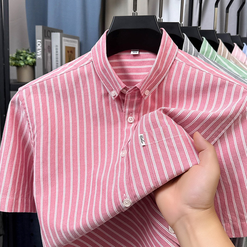 Summer New Men's Short-sleeved Oxford Spinning Shirt Men's Striped Pocket Casual Breathable Loose Cotton Shirt Men's