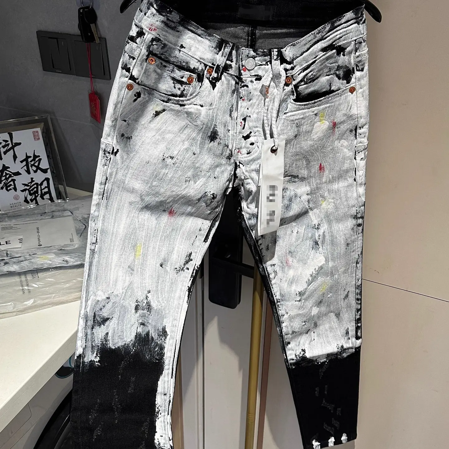 American Style Trendy Brand PU Black Creative Splash Ink Graffiti Jeans Men's Stretch Slim-fit Skinny Pants High Street
