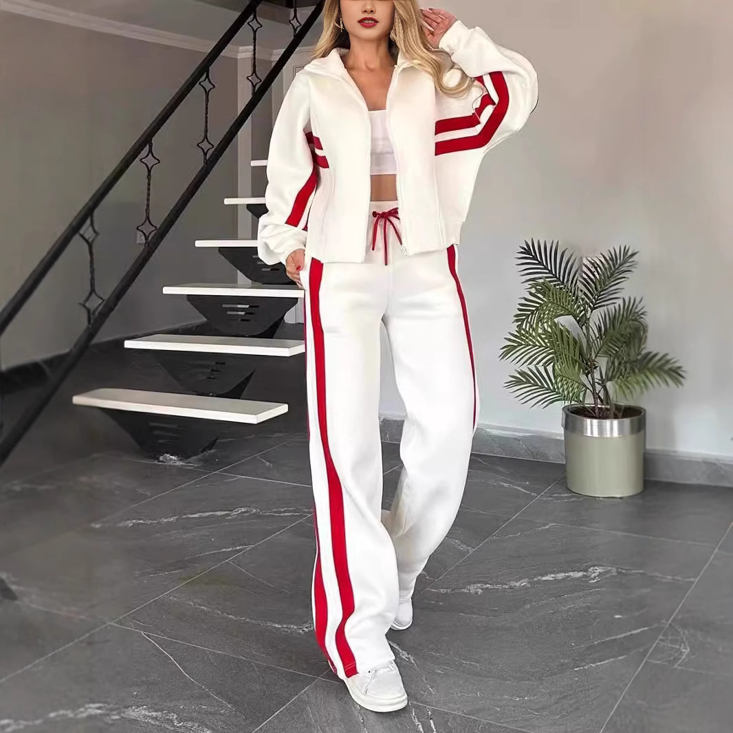 2026 European and American Cross-Border Amazon Autumn Foreign Trade Y2K Striped Zipper Top Jacket Casual Sports Suit for Women