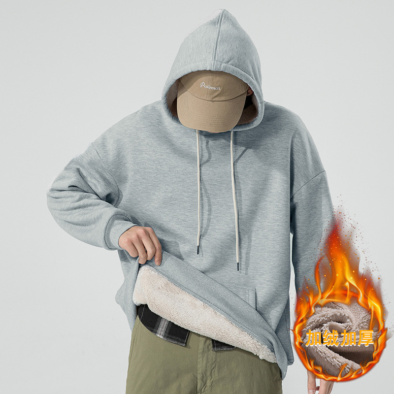 Factory Wholesale Autumn and Winter New Velvet Hooded Sweatshirt Long-Sleeved Cashmere Solid Color Loose Off-Shoulder Style for Men Cross-Border