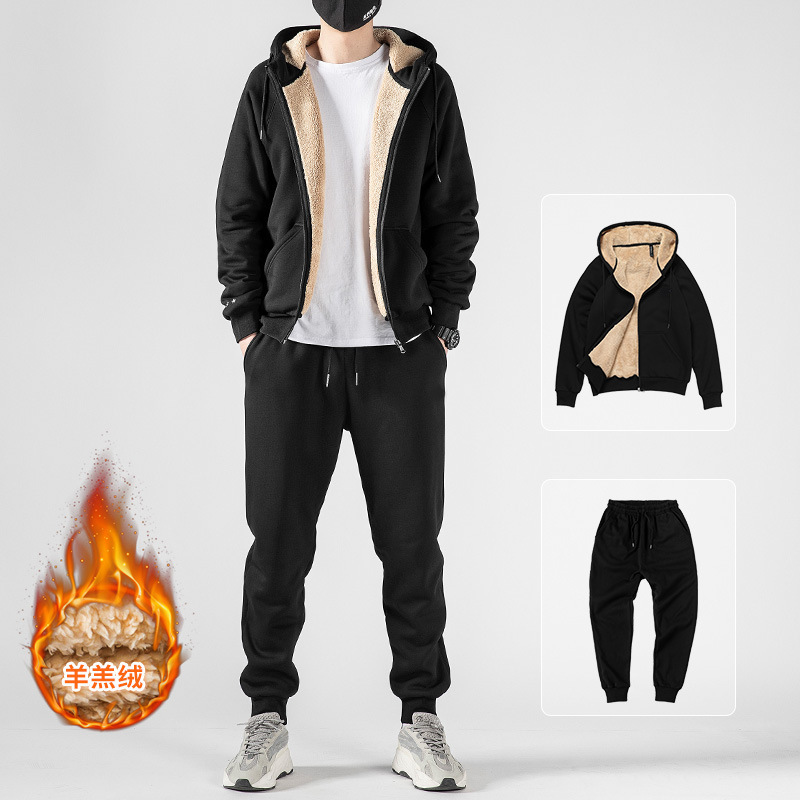 Sportswear fleece-lined Winter Cardigan Jacket Set Casual Thickened Sweater Warm Lambskin Men's Hooded suit