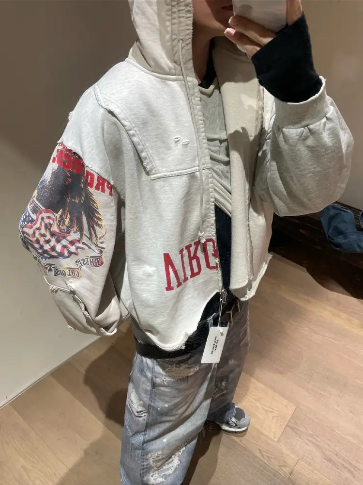 Protocol Index Reverse Stitching Distressed Zipper Sweatshirt Hoodie Jacket Tarzzan Same Style