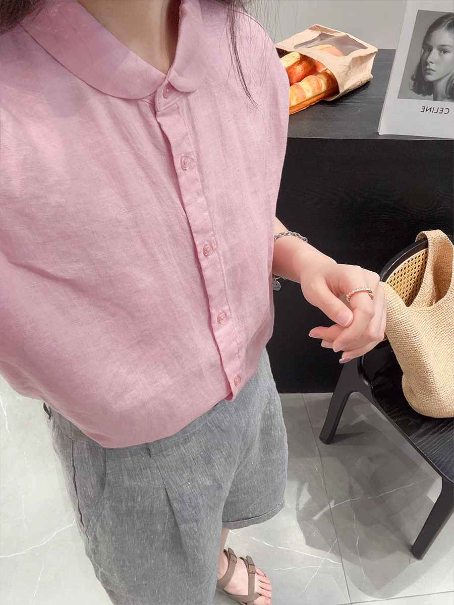 Summer Style Linen Short-Sleeve Top with a Boat Neck Collar, Raglan Sleeves, Simple and Versatile Linen Short Shirt for Women