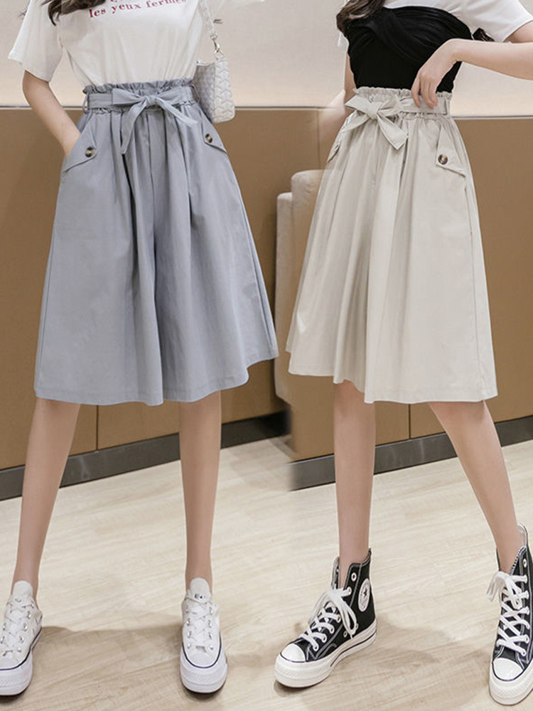 Wide-Leg Pants, Five-Quarter Length Pants for Women, 2026 Summer New Korean Style High-Waisted Slimming Skirt Pants, Loose Mid-Length Casual Shorts