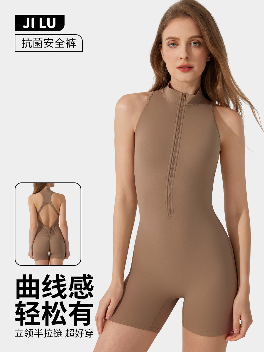 Summer European and American High-intensity Sports Beautiful Back Yoga Jompsuit Zipper Naked Hip Lifting Tight Fitness Jompsuit