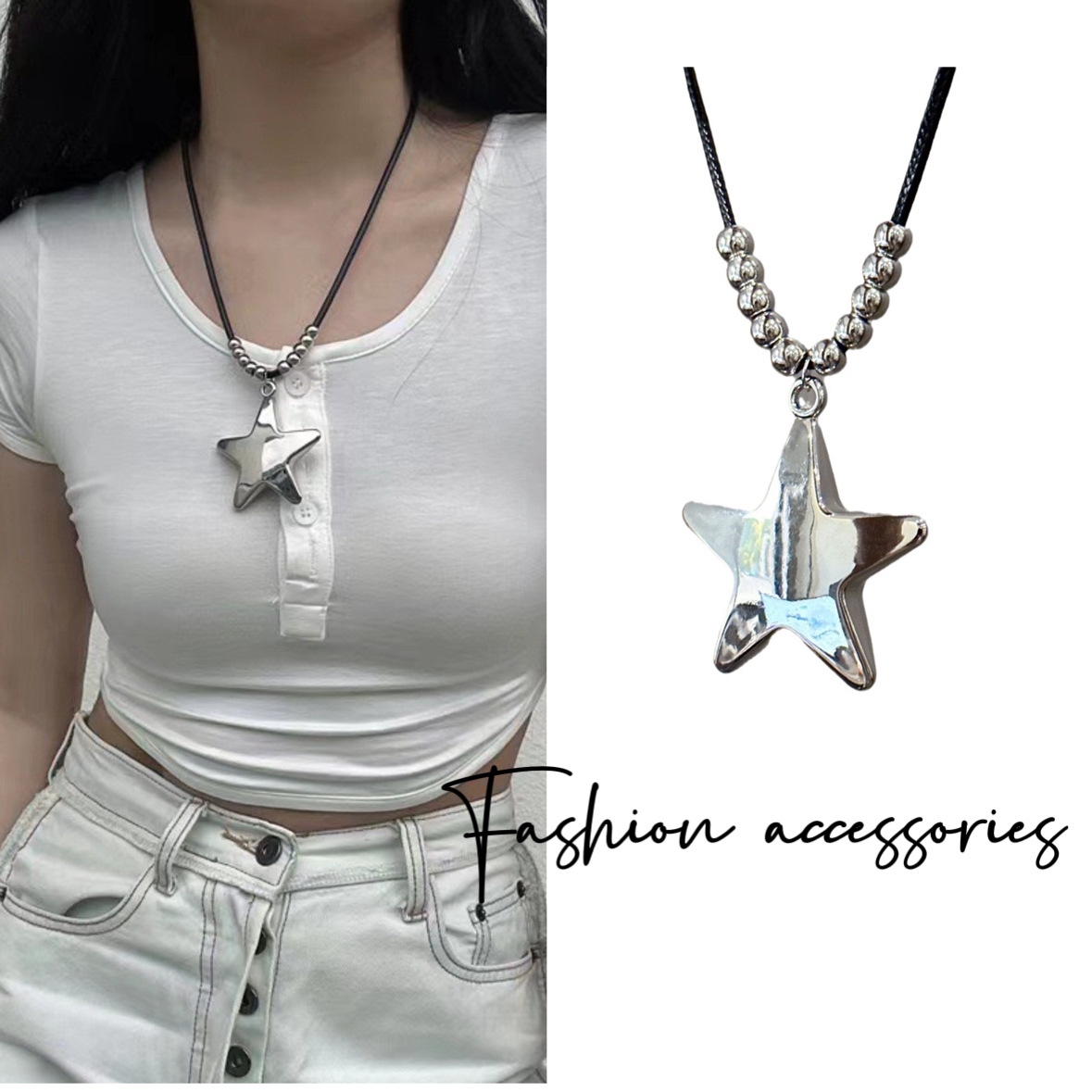 European and American Cross-border Simple Three-dimensional Five-pointed Star Pendant Necklace Female Personalized All-match Beaded Star Leather Rope Sweater Chain for Men