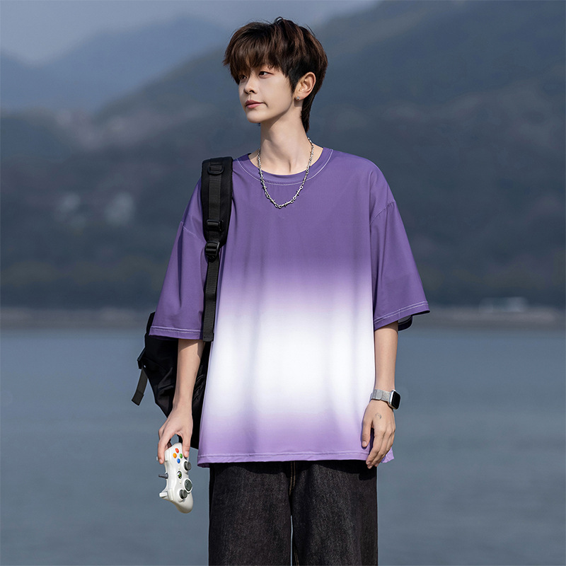 2026 New Gradient Ice Silk Round-Neck T-Shirt for Men, Summer, Sizes M-8Xl, Trendy Fashion Loose Fit Youth T-Shirt