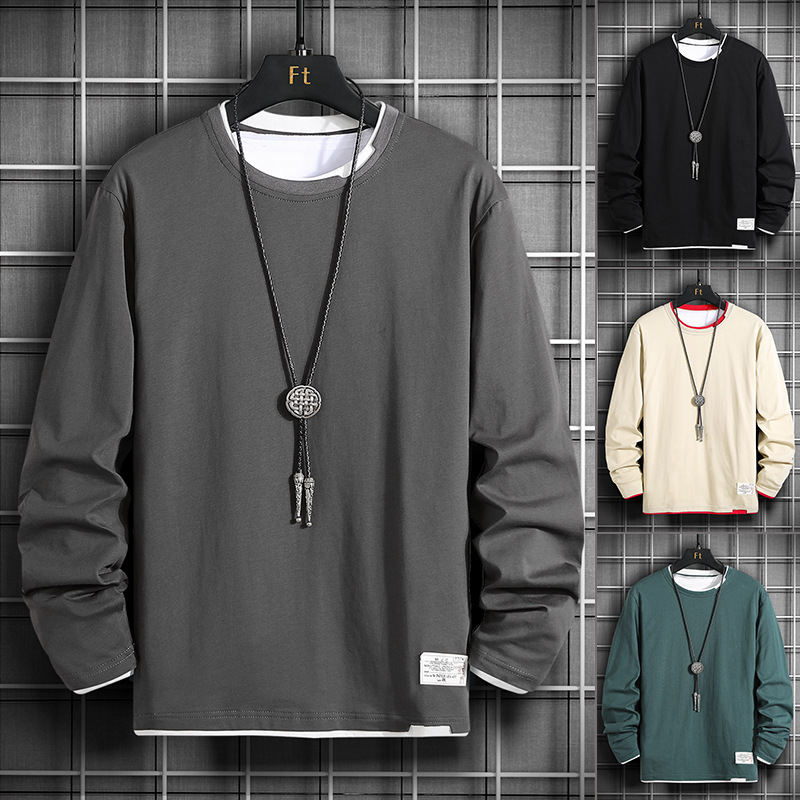 Popular sweater men's Cotton Spring and Autumn new fake two-piece long-sleeved T-shirt Korean fashion bottoming top wholesale