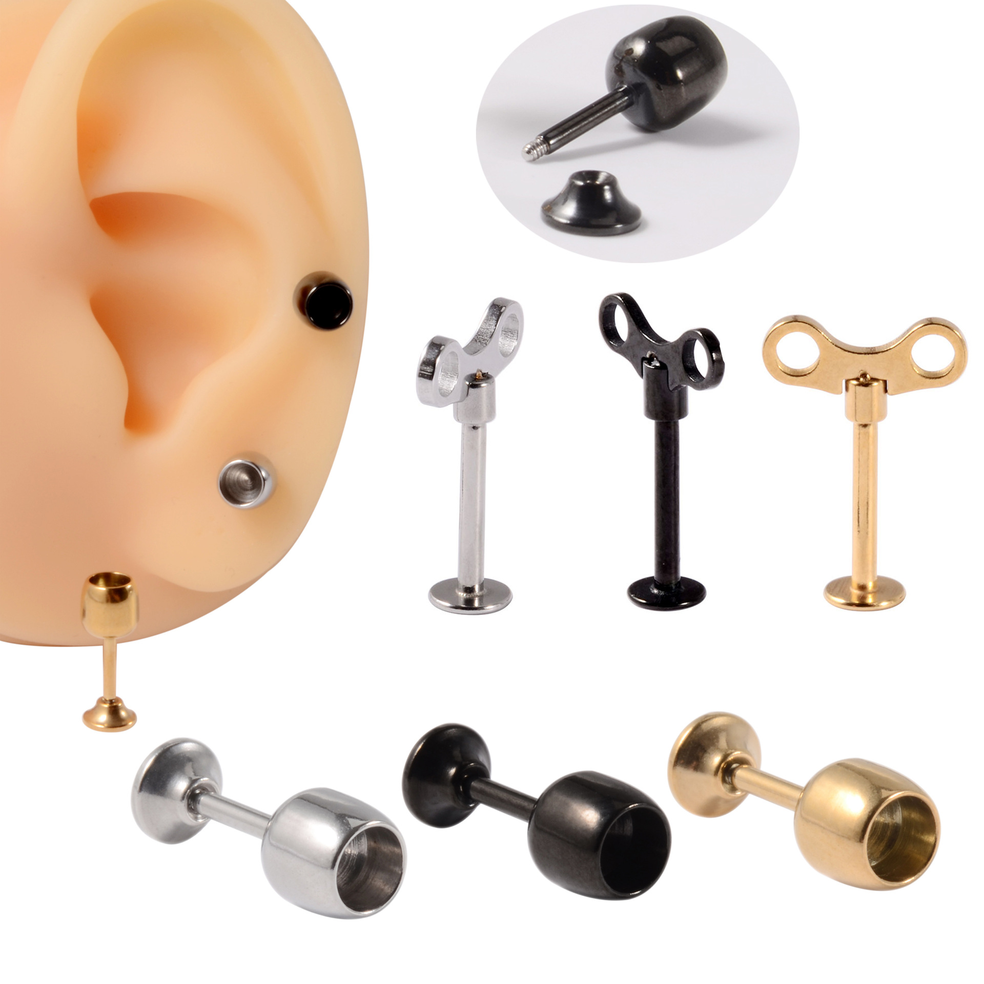 Cross-border Stainless Steel Key Switch Lip Nail 16G External Teeth Coil Wine Cup Ear Nail Personalized Empty Cup Ear Ring