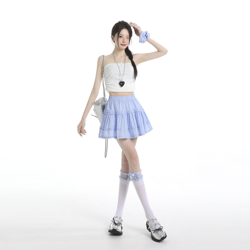Sweet Ruffled Edge Patchwork Light Blue Plaid Skirt for Women, New Summer Style Anti-Exposure Puffy Cake Short Skirt