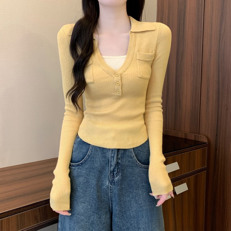 Children's Fake Two-Piece Knitted Base Shirt Women's Autumn and Winter Inner Short Sweater High-Grade Yellow Wear Top