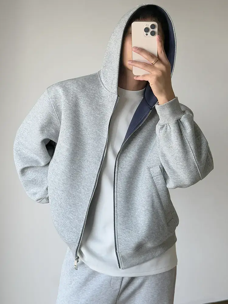 Korean Style Blue and Gray Contrasting Color Design Hooded Cardigan Sweatshirt for Men, New Spring and Autumn Style, High-End Loose Casual Jacket