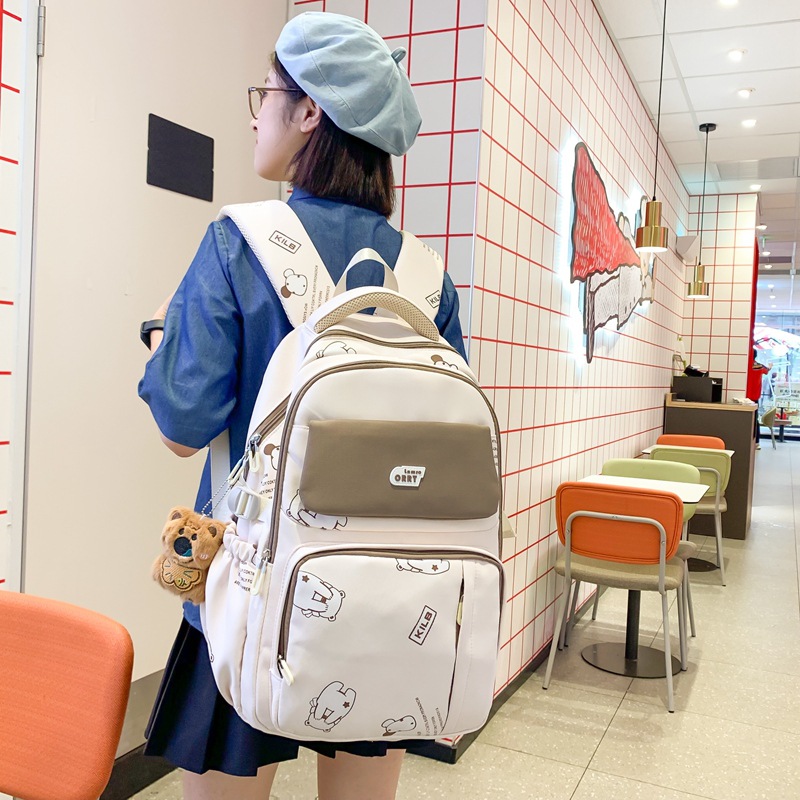 2025 New Bear Pendant Backpack Female Cute Middle and High School Students Large Capacity School Bag Lightweight and Easiest for Match Backpack