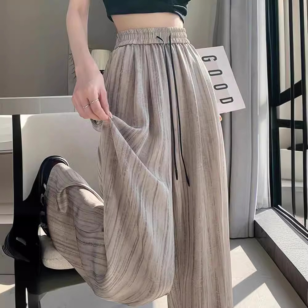Ink Painting Striped Satin Dirty Ice Silk Wide Leg Pants Women's Summer Lazy Style Straight Dragging Casual Pants