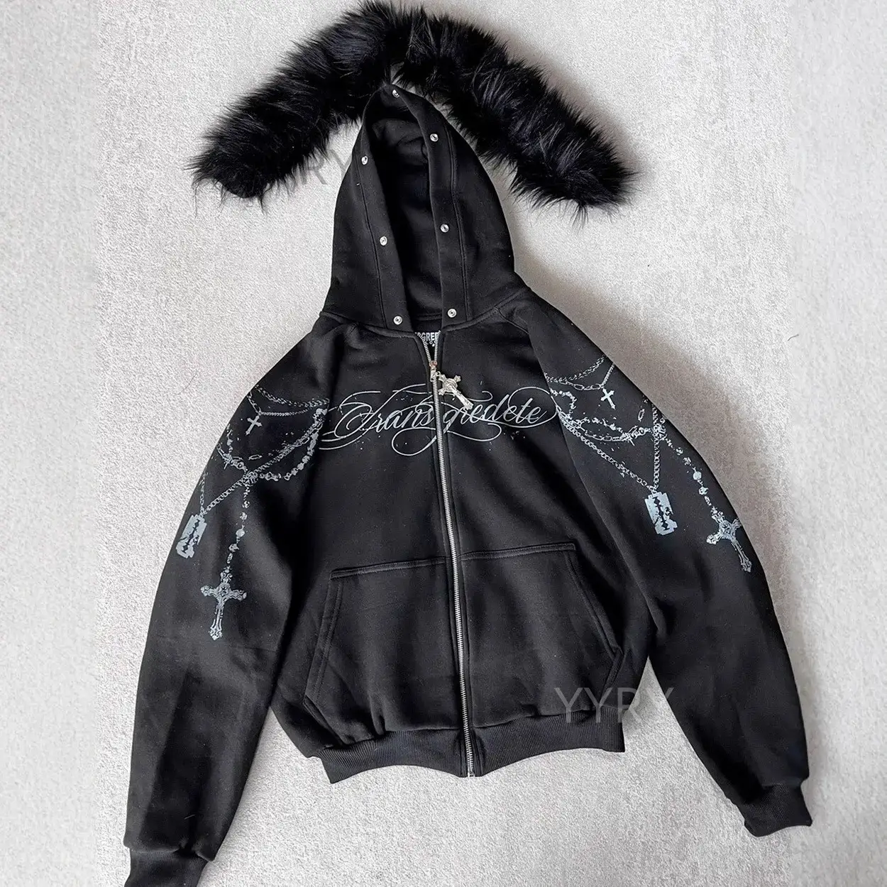 European and American Foreign Trade Personalized Printed Zipper Detachable Fur Hat Sweatshirt Sweatpants Suit Long-Sleeved Pullover Hoodie