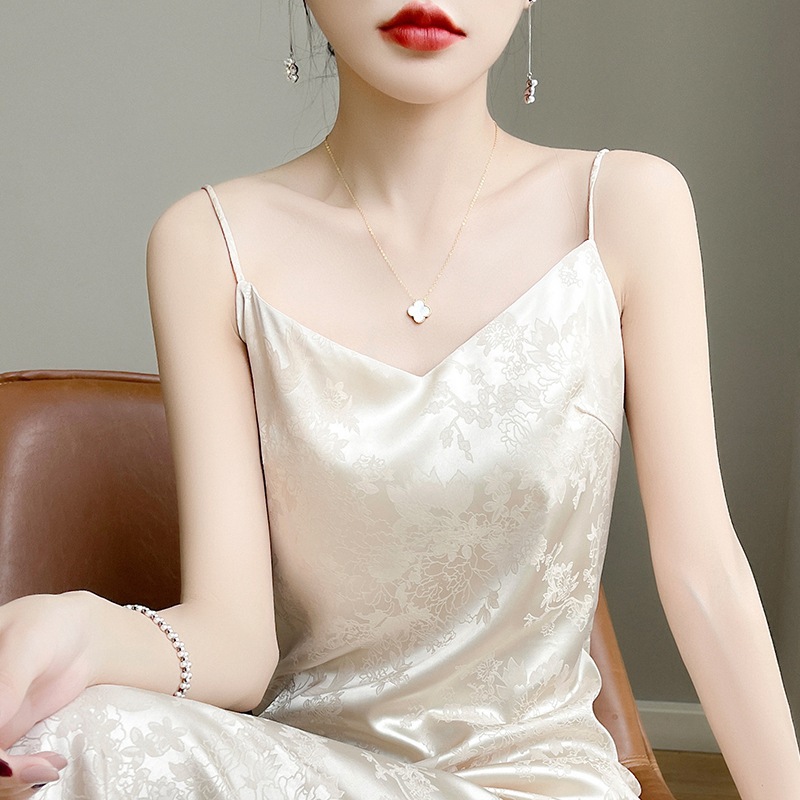 Sleeveless Slim Fashion 2025 Ice Silk V Neck Jacquard New Women's Suspender Dress Long Dress Summer Sexy
