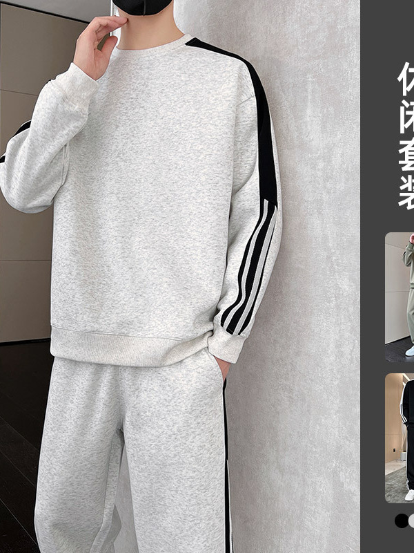 Black Round Neck Sweatshirt Suit Men's Spring and Autum Trendy Brand 2024 New Autum Sports and Leisure Heavy Sweatpants Set