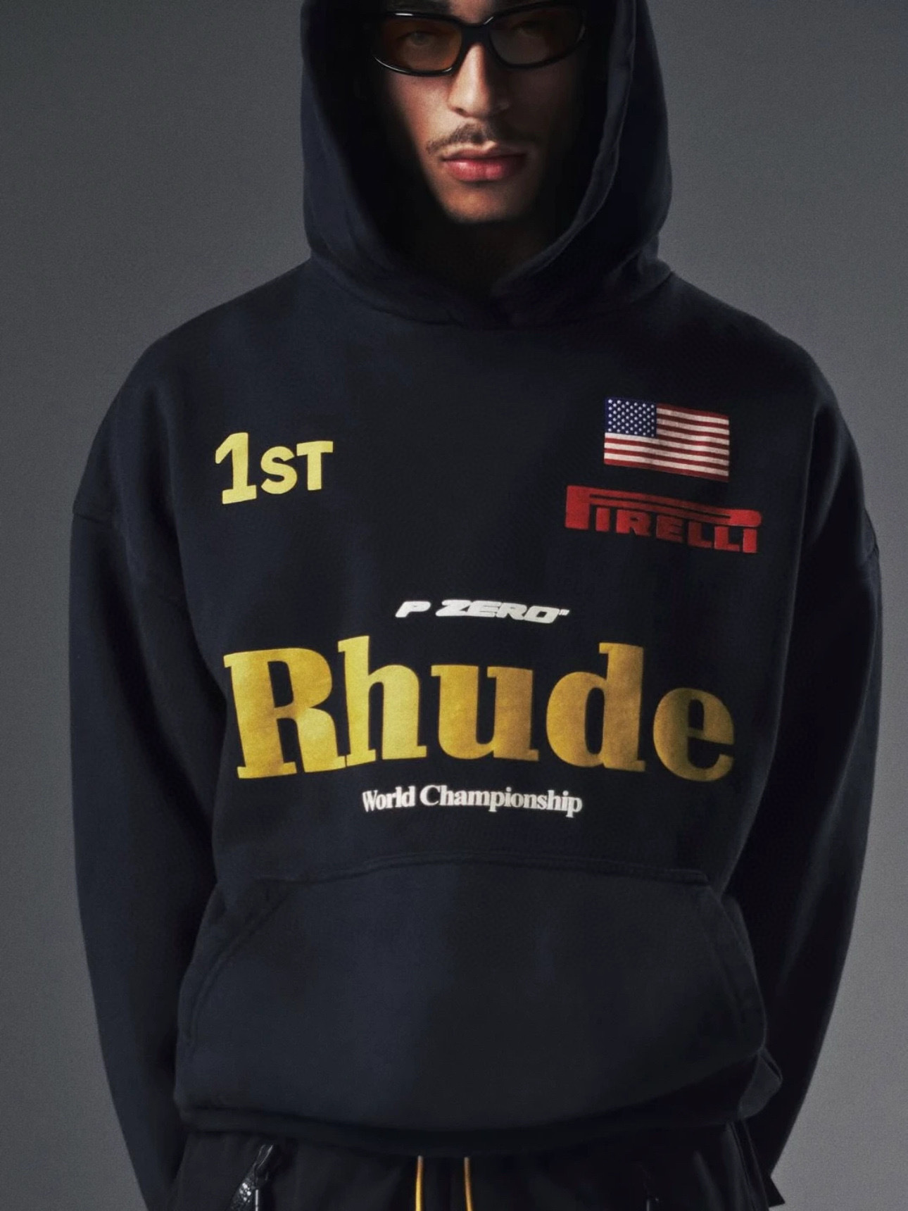 Rhude × Pirelli Aesthetic Hooded Sweatshirt European and American Trendy Brand Men's and Women's Suede Printing Technology