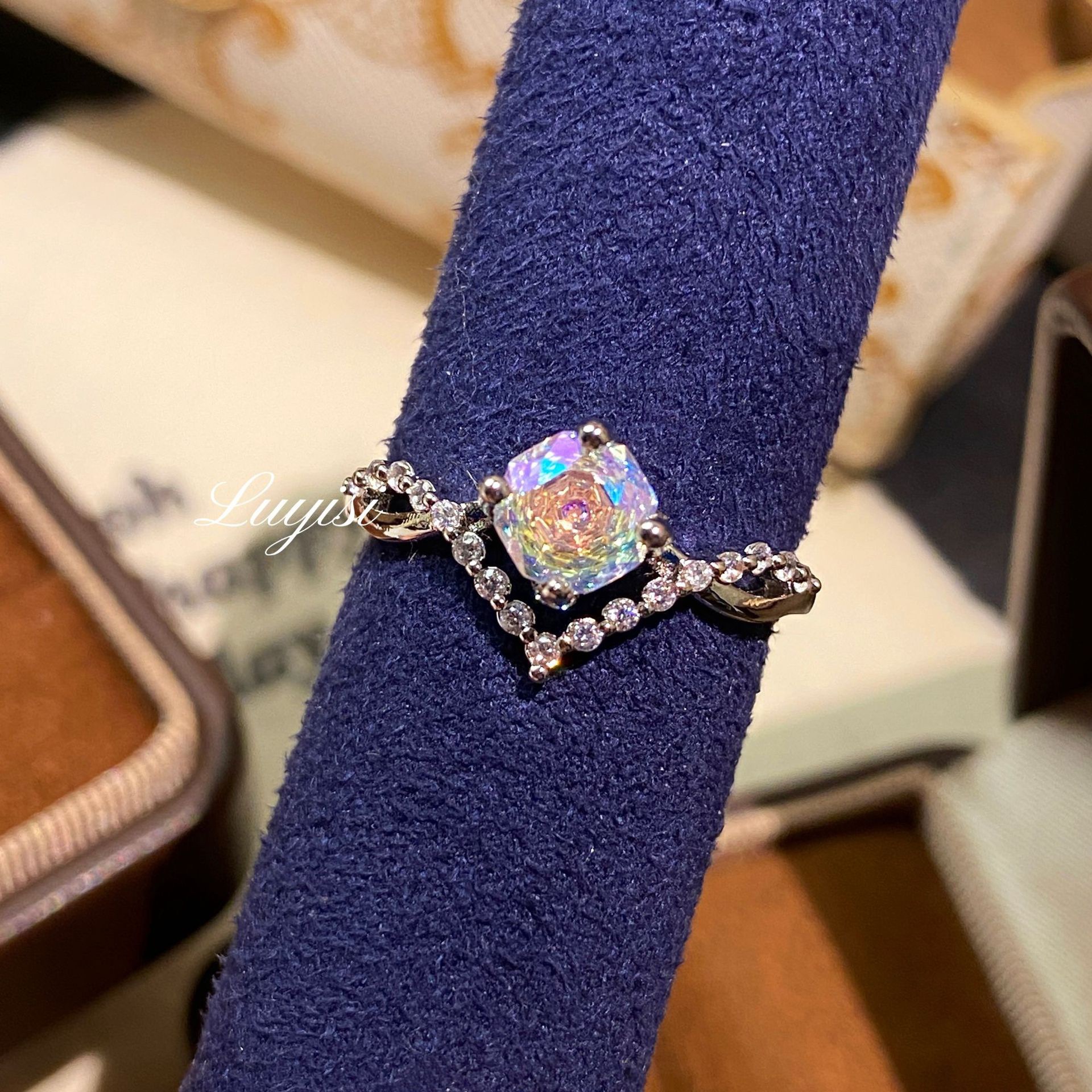 Crowned with Love, Octagonal Millennium Rose Cut Dazzling Green and Purple Ring, Kunzite High Carbon Diamond Women's Ring, Aquamarine Diamond Ring