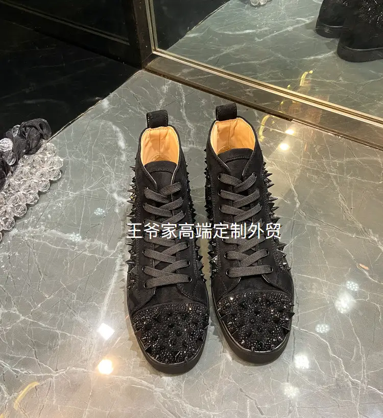 Аcl Men's and Women's High-Top Black and White Mixed Studs Red Sole Couple Asymmetrical Studded Black and White Sea Cucumber Plus size Youth Casual Shoes
