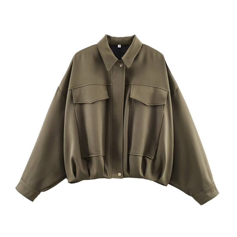 Cross-Border Women's Clothing Manufacturer Wholesale 2025 Aliexpress Hot-Selling Fashion Retro Pleated Hem Bomber Jacket