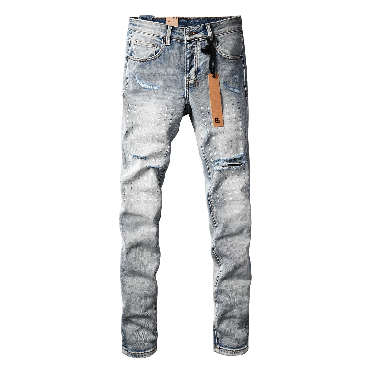 KSUBI JEANS American fashion brand new light colored polished white washed cross embroidered slim fit ripped jeans for men
