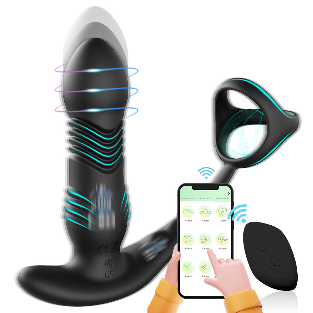 Foreign trade new electric wireless remote control APP telescopic double shock three ring back court anal plug prostate lock ring wholesale