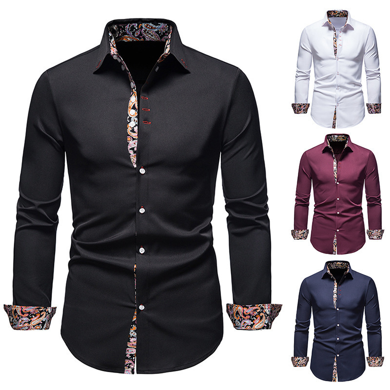 Cross-border autumn and winter new men's long sleeve shirt European and American style youth leisure lapel slim color matching shirt men's wholesale