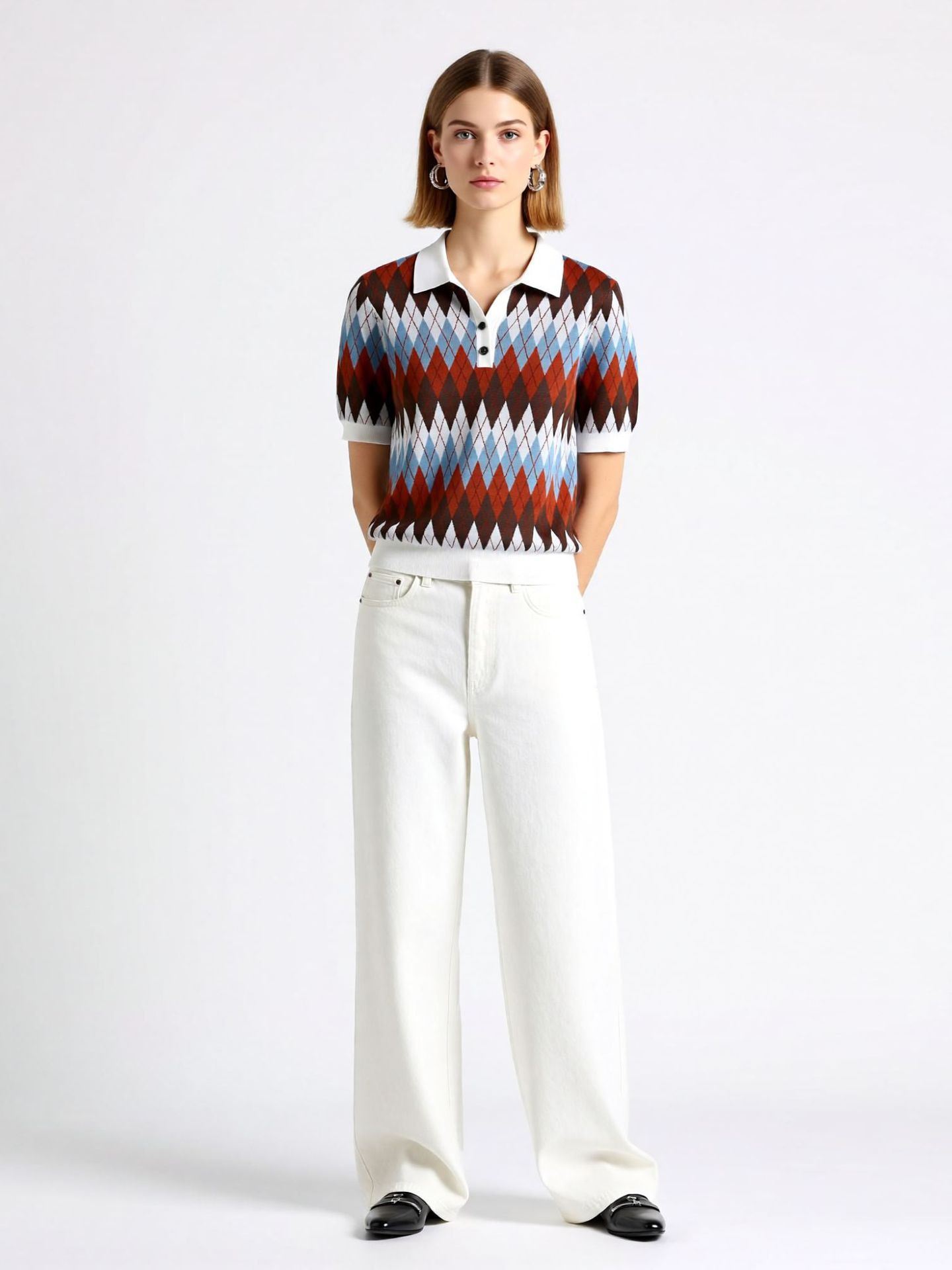 Crl Same Style Design Colorful Diamond Pattern Short-Sleeved Knitwear Women's New Style Top Lapel Short-Sleeved Polo Shirt