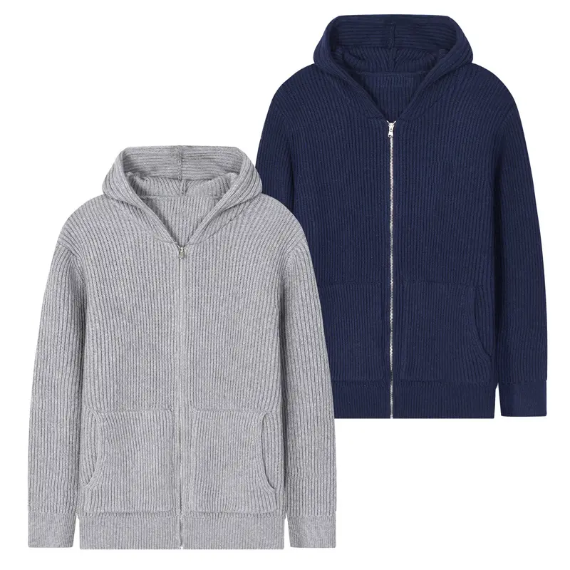 Autumn and Winter Men's Hooded Knitwear Casual Solid Color Wool Blend Small Logo Thick Cotton Sweater Men's Jacket