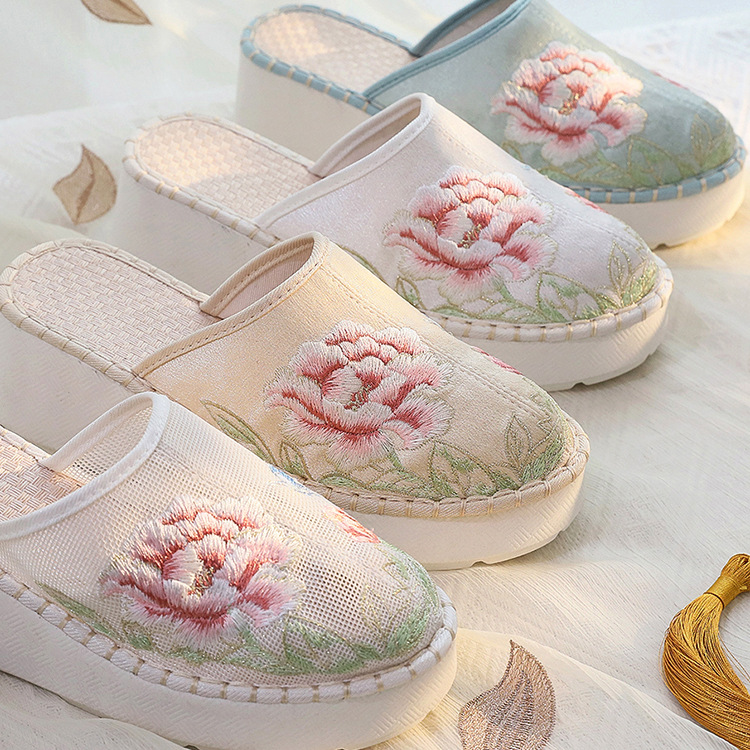 Platform slippers wedge fashionable embroidered closed toe half support fabric mesh embroidered shoes sandals women's shoes