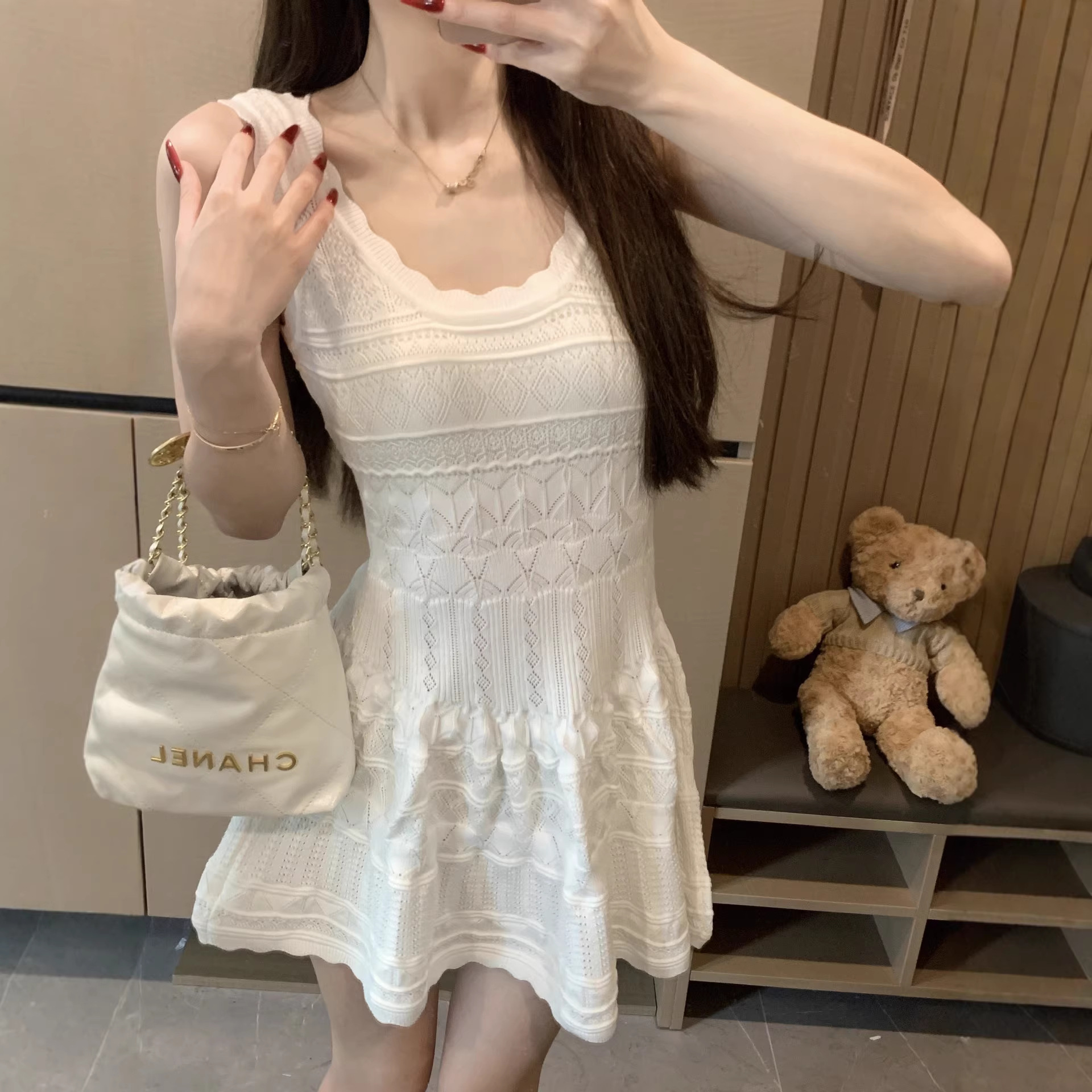 Summer New Style Waist-Cinching A-Line Suspender Short Skirt Hong Kong Style Lace Sleeveless Knitted Vest Dress for Women
