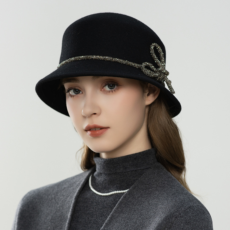 Socialite-Style Rhinestone Bow Wool Fisherman Hat for Women, Elegant Autumn and Winter Bucket Hat, Stylish Felt Hat, Women's Hats Wholesale