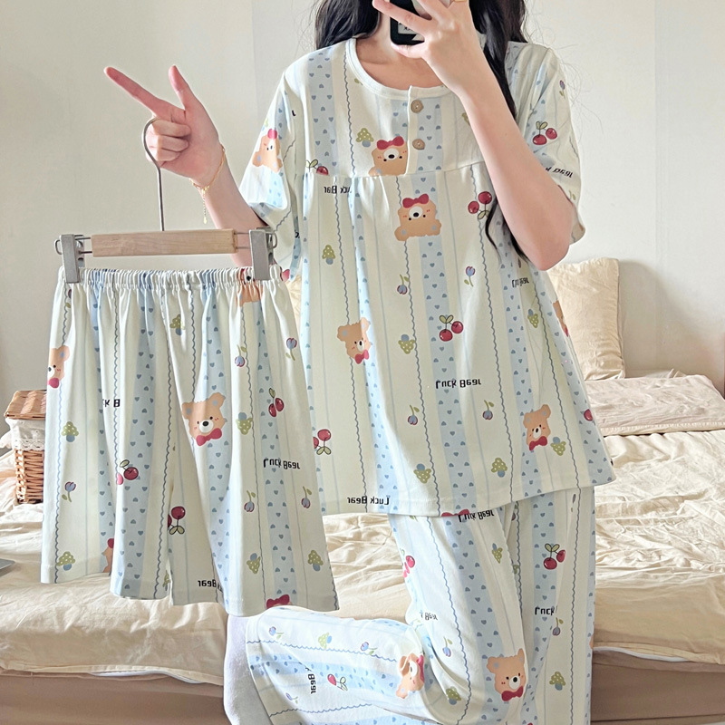Cheap cheap pajamas women's spring and summer new imitation cotton cartoon pullover short sleeve trousers three-piece home clothing wholesale