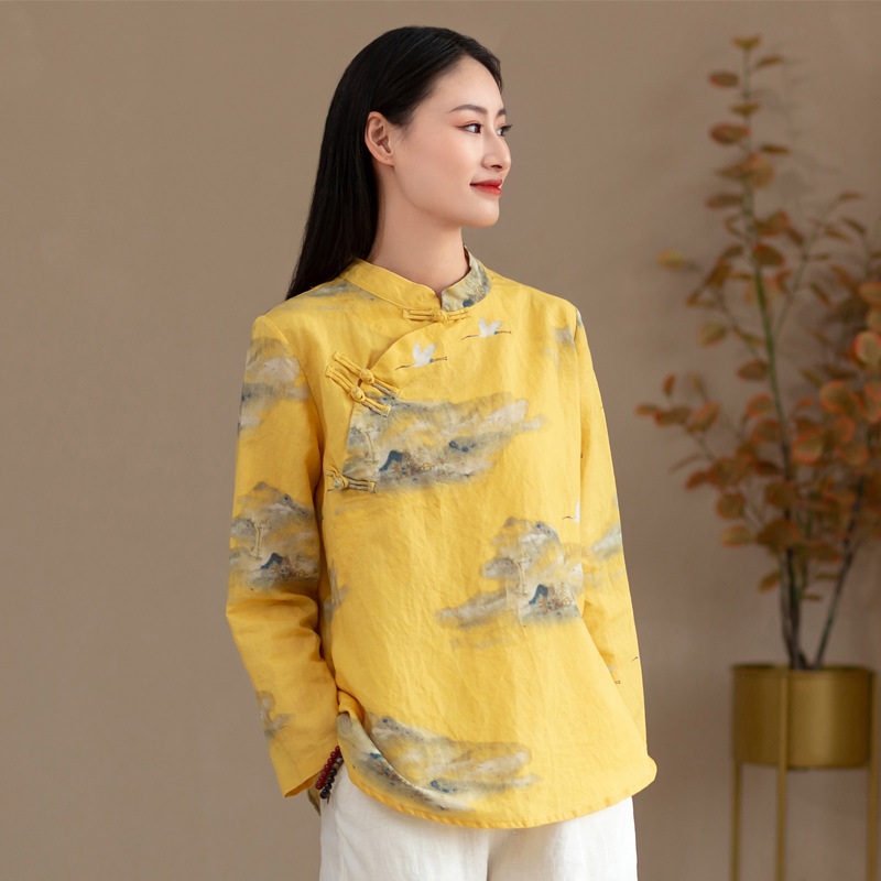 26 Summer Cotton and Linen Women's Clothing Retro Chinese Style Stand Collar Printed Side-Button Linen Blouse Women's Tea Dress Shirt