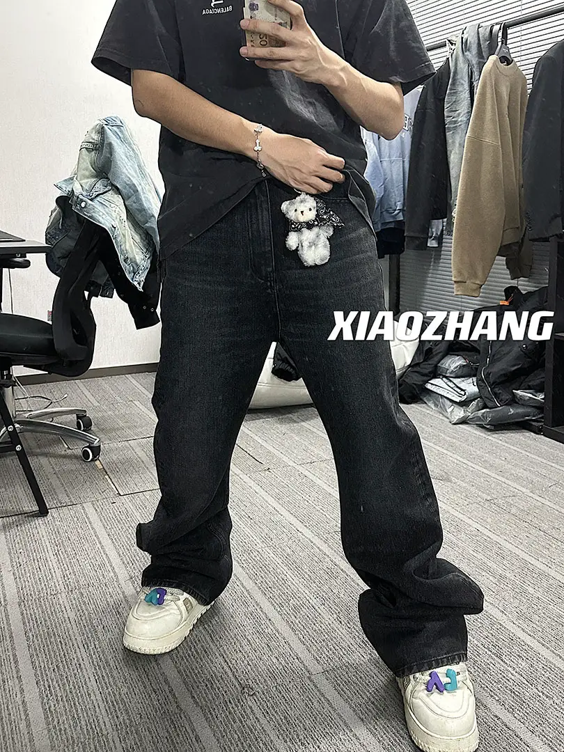 (Explosive style) Flared new Grade Robe series black washed distressed micro flared jeans