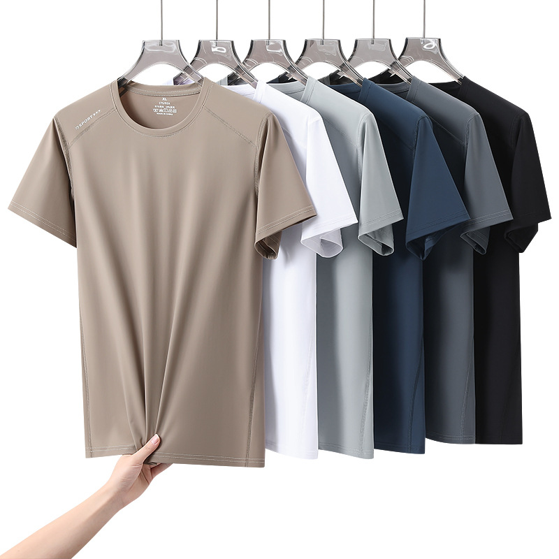Cross-Border Summer Sports Short-Sleeved T-Shirt Men's Quick-Drying T-Shirt Ice-Feel Elastic Breathable Loose-Fitting Youth Round-Neck Ice Silk Top