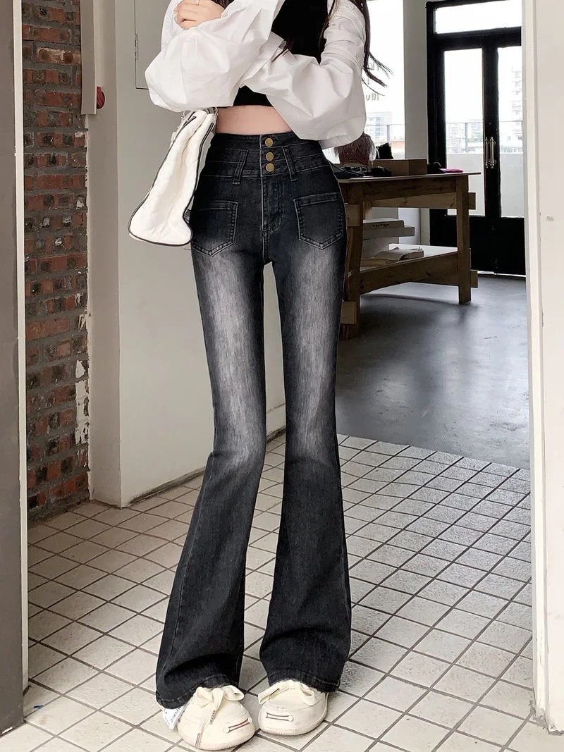 Small Retro High Waist Micro-flare Jeans Women's Spring and Autumn New All-match Slimming Wide-leg Long Pants