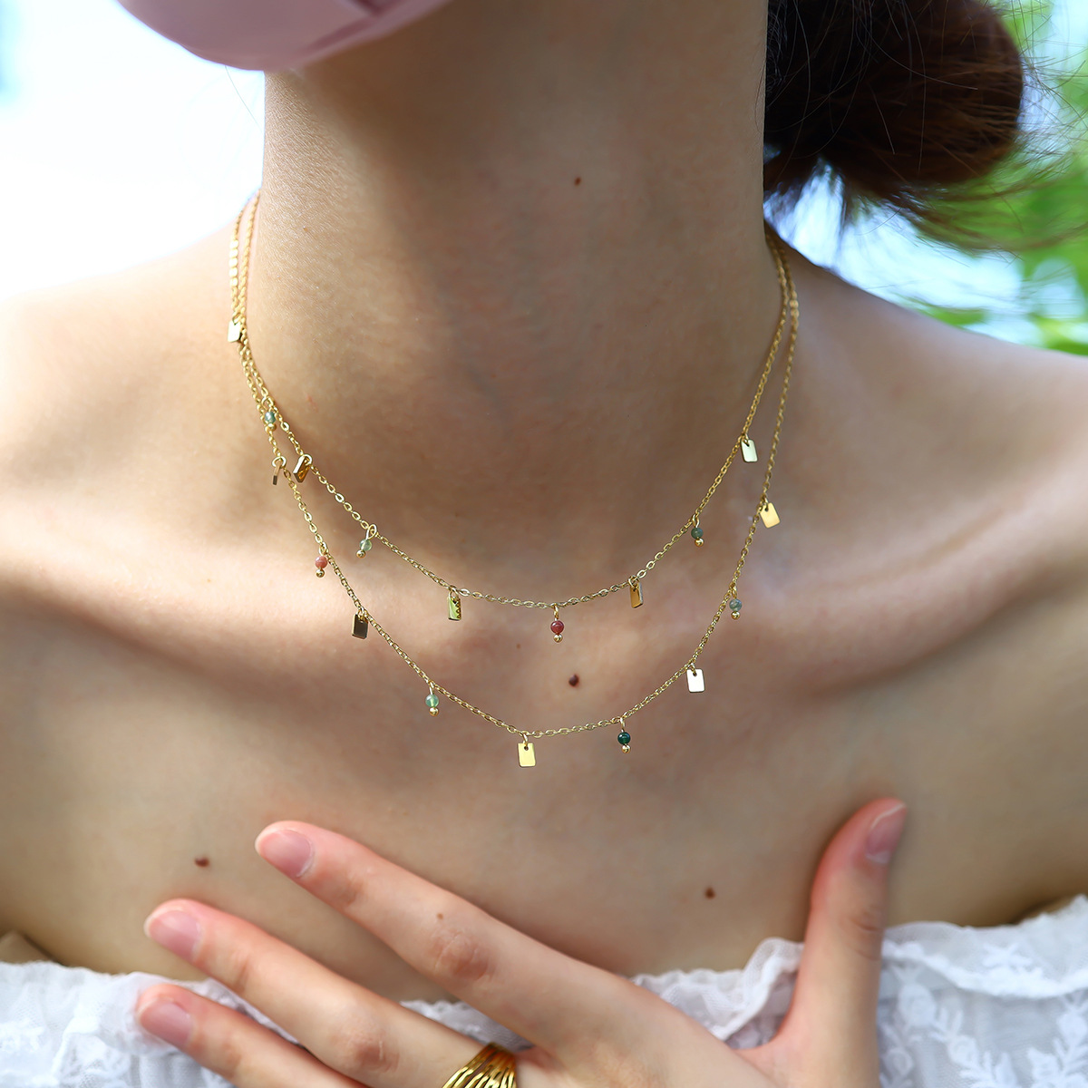 Bohemian Colorful Irregular Stone Necklace Ethnic Style Niche Minimalist Necklace Versatile Geometric Square Pendant