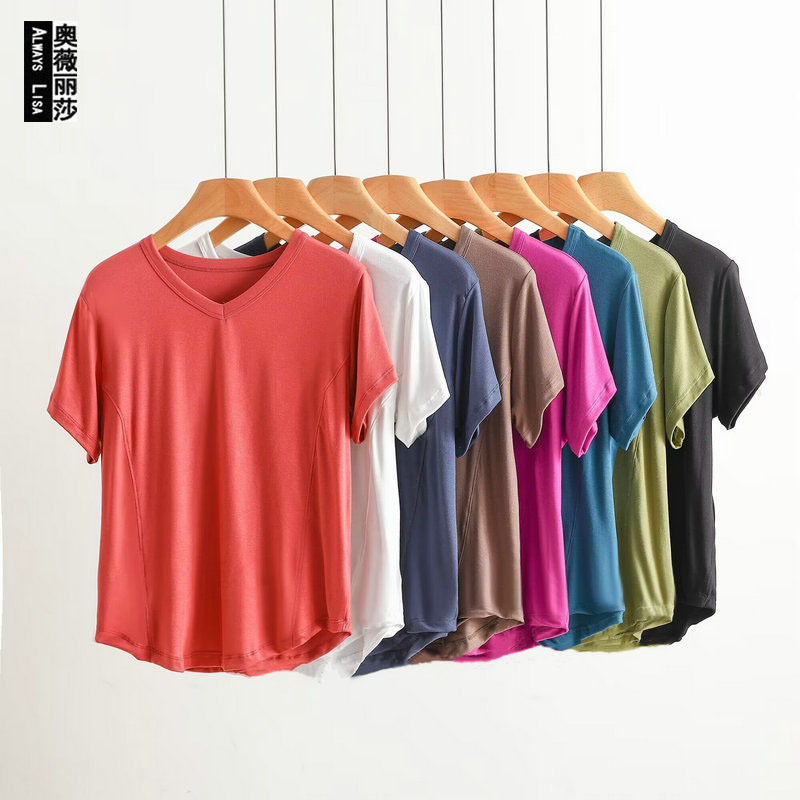 T-shirt Women's Summer New Arrival Thread Cotton V-neck Short-sleeved Solid Color Top plus size Plus Fat Loose Slimming Korean Style Base Shirt